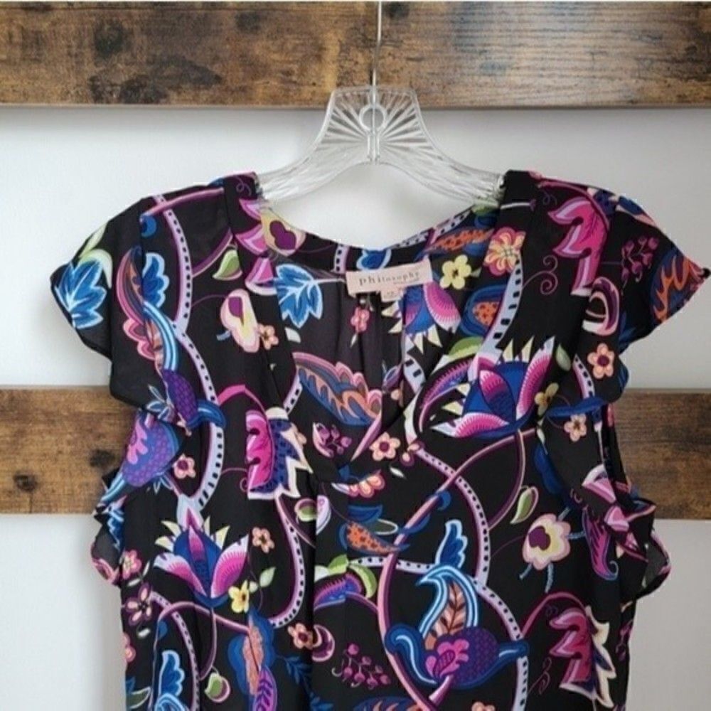 Philosophy Black Floral Print V-Neck Blouse Sz XS - Picture 3 of 10